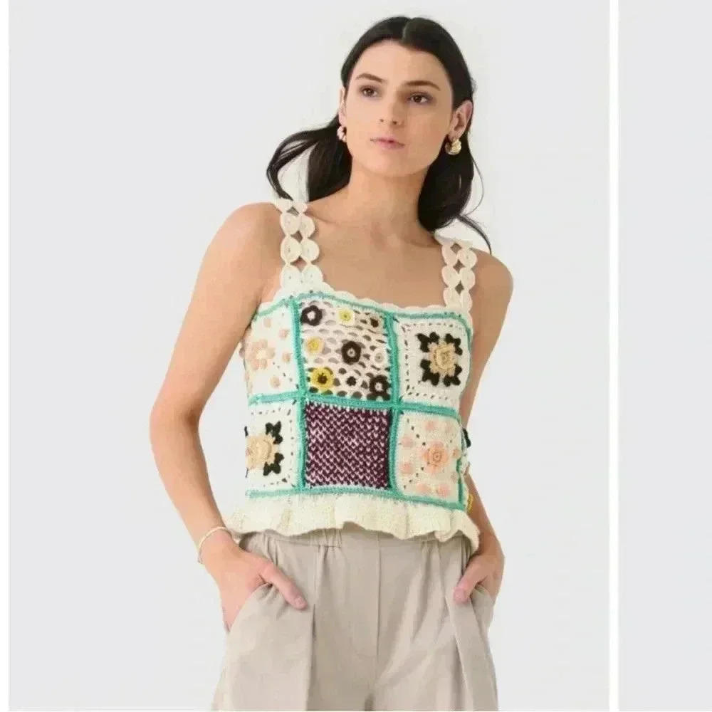 Sea New York Crochet Patchwork Square Neck Tank Top - Cream & Multicolor NWT
